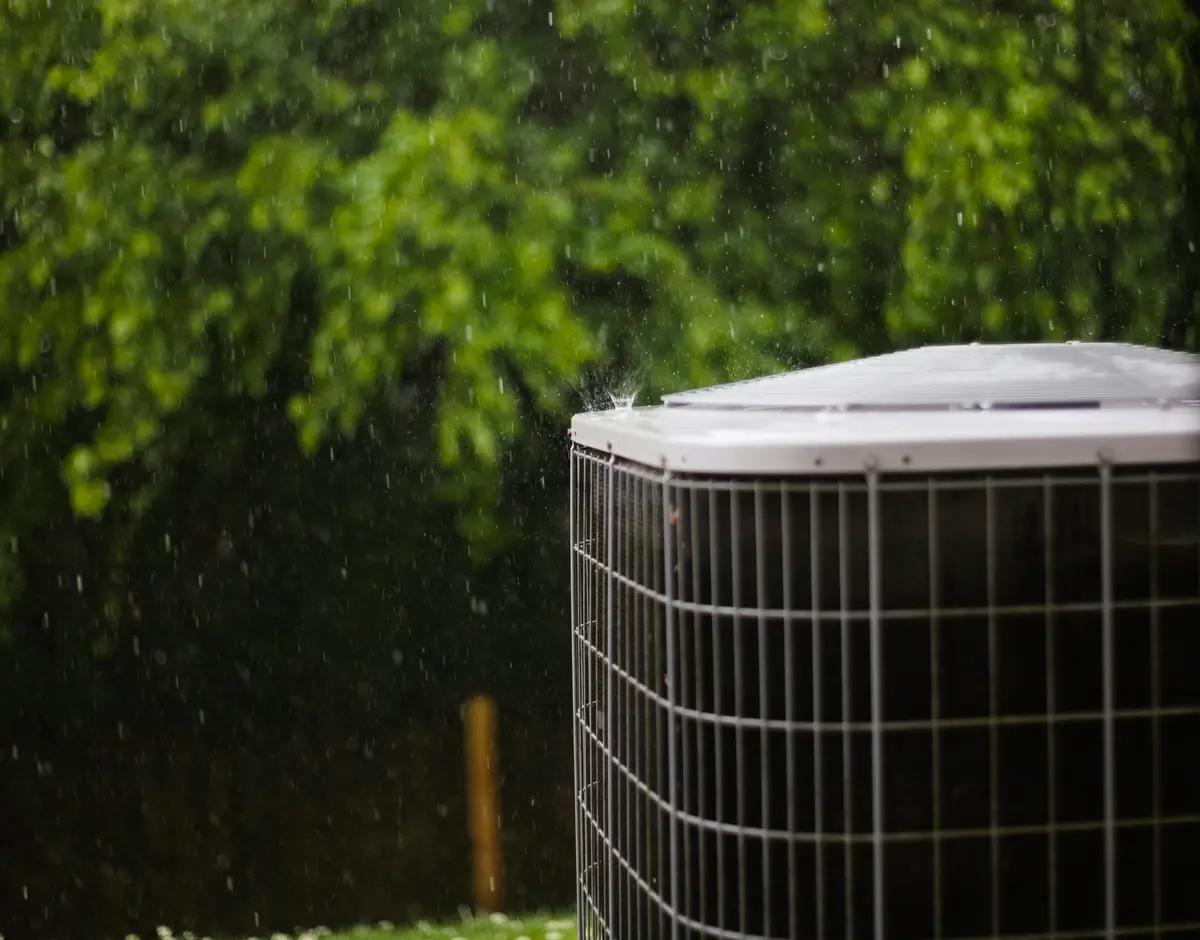 Residential outdoor AC condenser installed at a San Francisco home