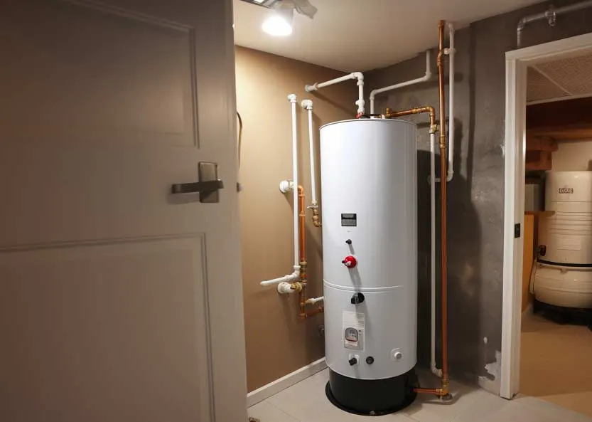 Residential gas water heater tank installed in a San Francisco basement